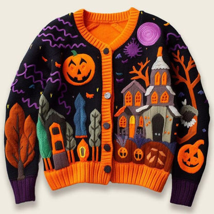 Halloween Pumpkin House Embroidered Cardigan